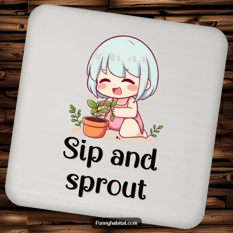 Funny coasters featuring a cheerful character tending to a small potted plant, adding botanical flair to table protection.
