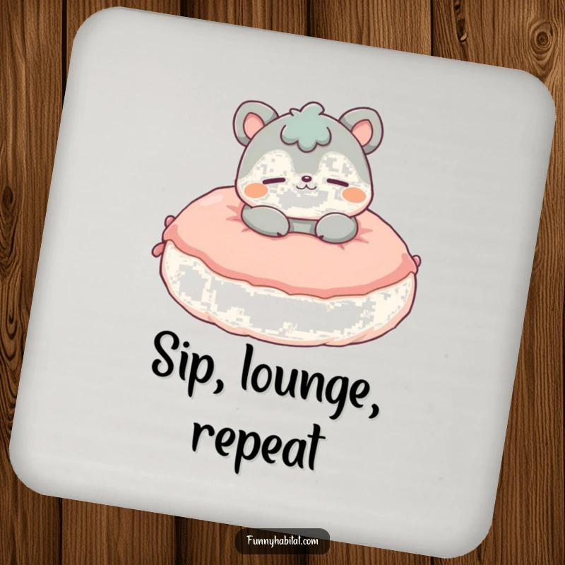 Funny Drink Coaster with a contented animal character lounging on a fluffy cushion, adding humor to any beverage setting.