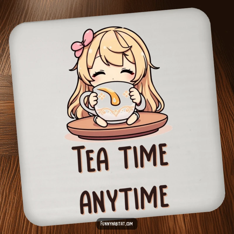 Funny relaxing drink coasters featuring a character sipping tea, adding a humorous and protective touch to tables.