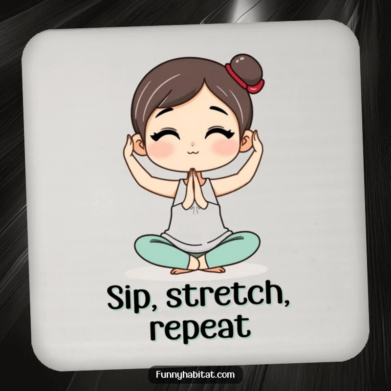 Funny Drink Coaster with a character in a simple yoga pose, protecting tables with a serene and humorous design.