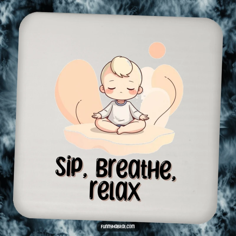 Funny drink coaster showing a character meditating amidst abstract shapes, offering calm and humorous surface protection.