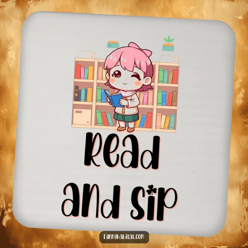 Funny drink coaster showing a character meticulously organizing tiny bookshelves with a satisfied smile.
