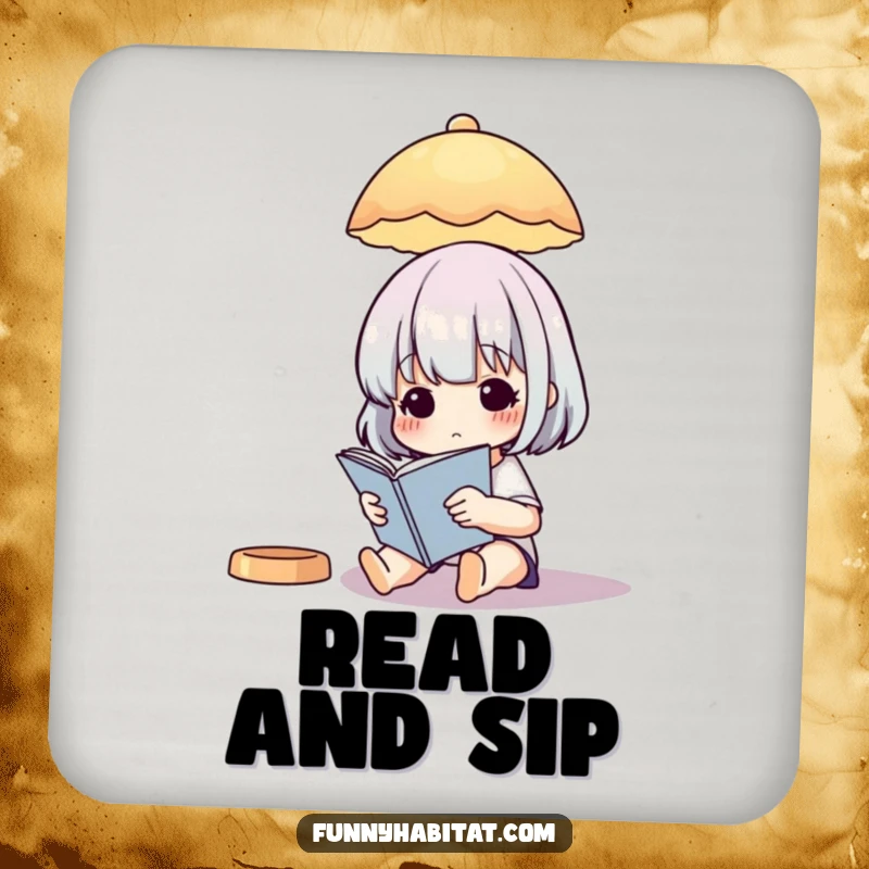 Funny Coaster: Illustration of a character reading under a soft illustrated lamp, protecting surfaces.