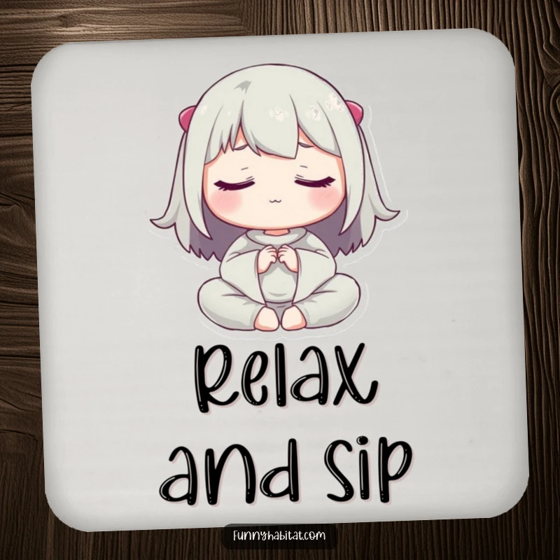 Funny drink coaster showing a character meditating peacefully with closed eyes, protecting surfaces with a calm demeanor.