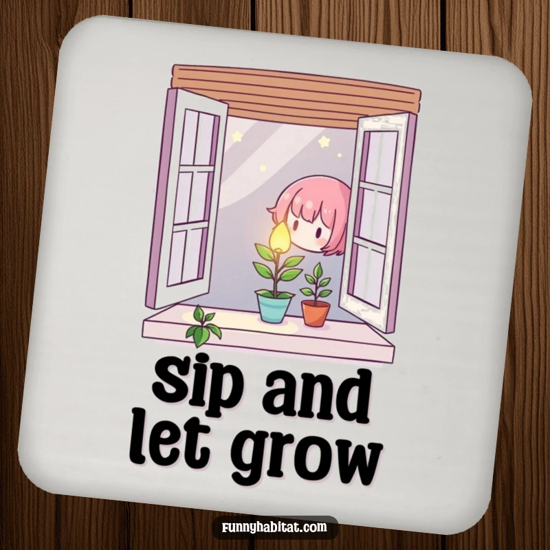 Character carefully tending to a small, glowing plant in a window, designed as a coaster.
