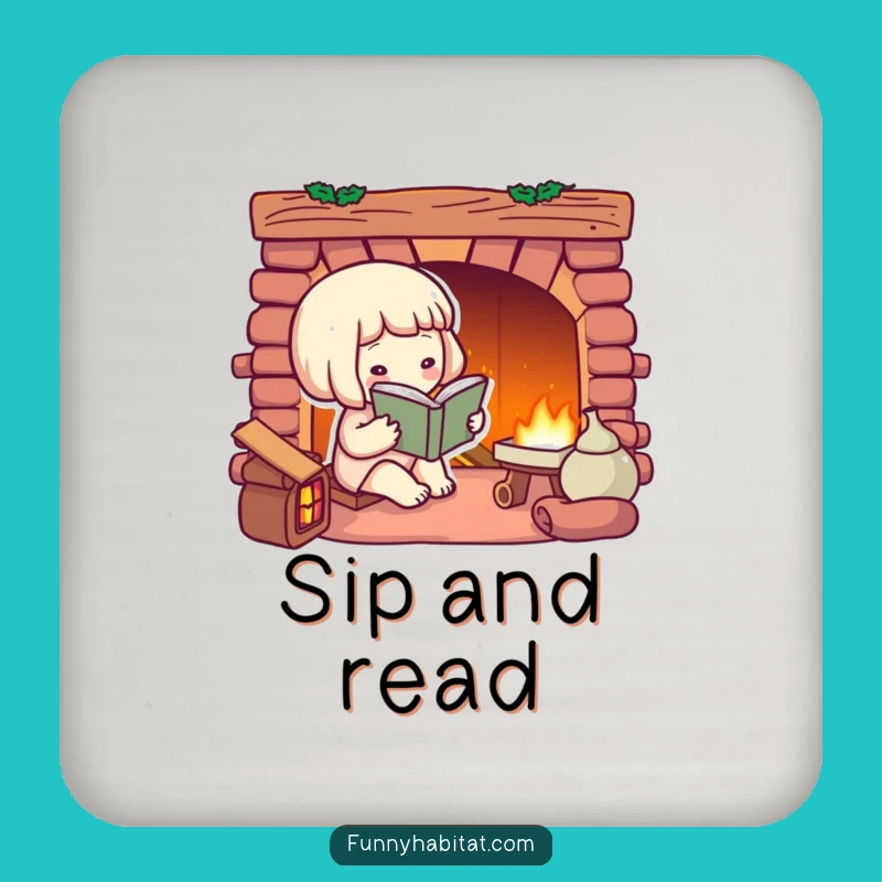 Funny Bookworm Coaster: Cozy Fireplace Reader, Protects Surfaces with Humor