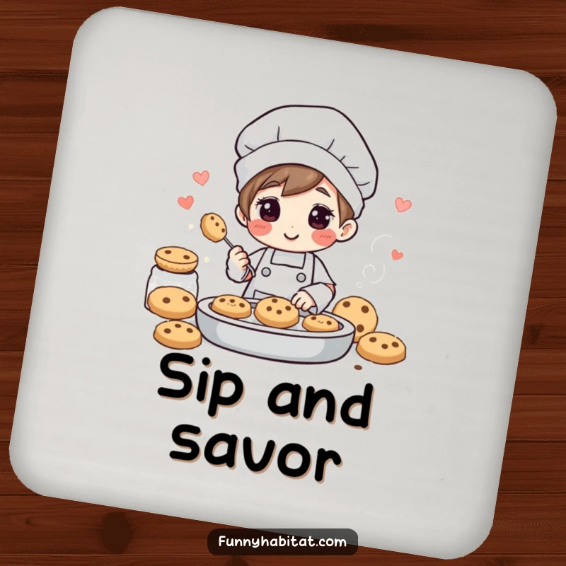 Funny drink coaster with a cheerful character baking cookies and sending sweet aromas, adding humor to tabletops.