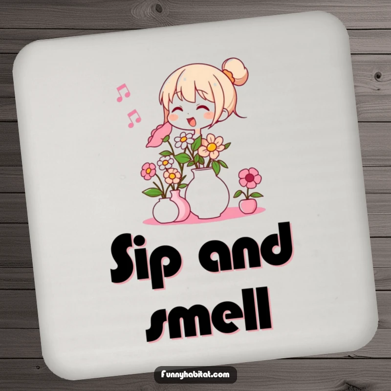 Funny drink coaster showing a character humming a cheerful tune while arranging a lovely vase of flowers.