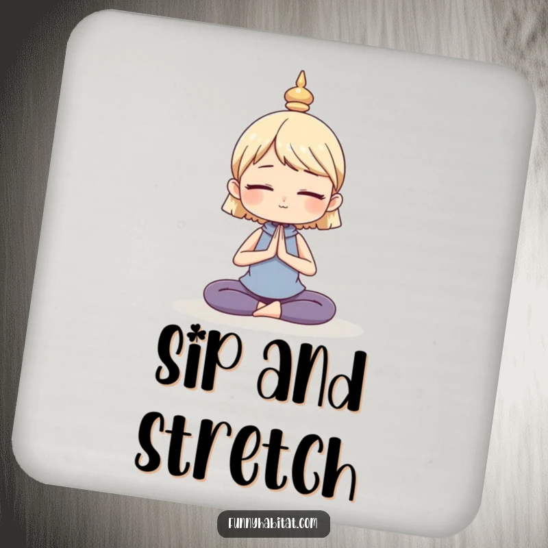 Funny drink coaster with a character in a calm, serene yoga pose, protecting surfaces with mindful humor.