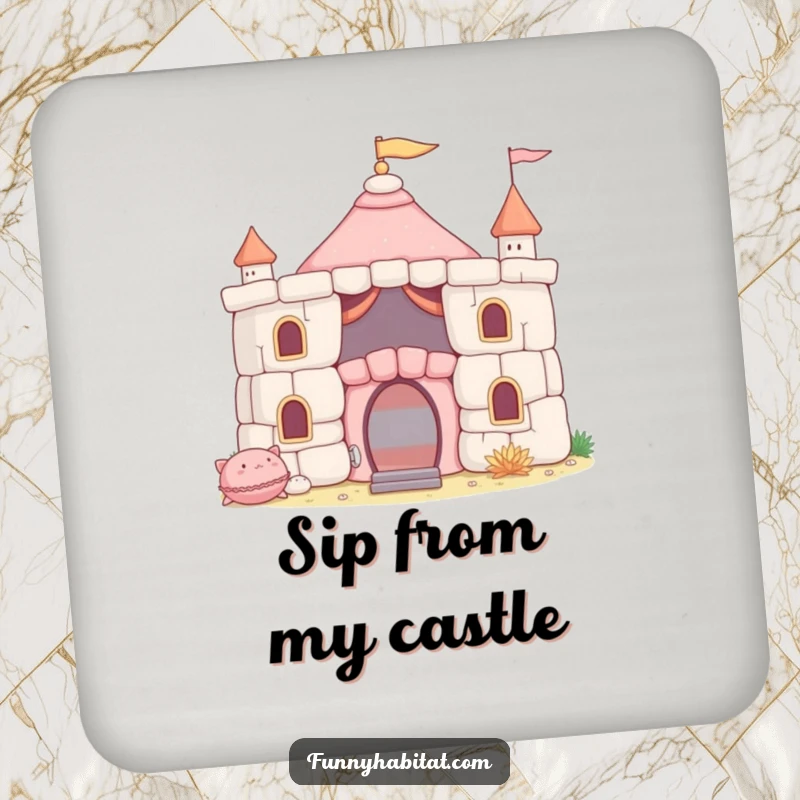 Funny Drink Coaster with a character building a cushion fort, protecting tables with a playful and humorous design.