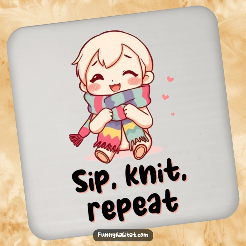 Funny drink coaster set displaying a content smiling knitter character knitting a colorful scarf, protecting surfaces with charm.