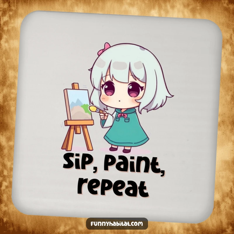 Funny drink coaster with a character painting on a canvas, brush in hand, protecting surfaces with humorous artistic charm.