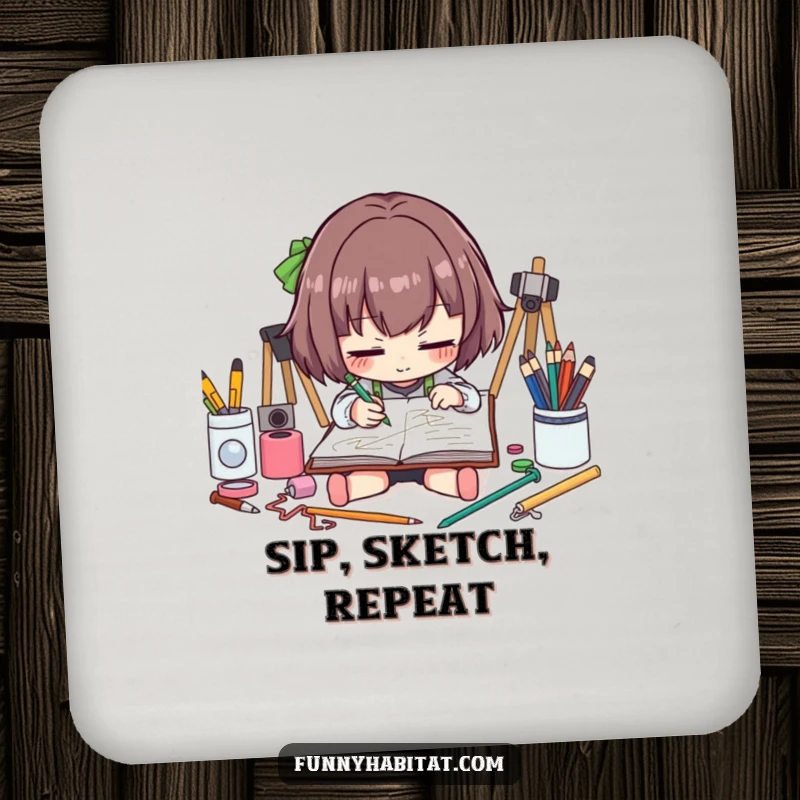 Funny artist drink coasters featuring a sketching character, adding a humorous and protective touch to tables.
