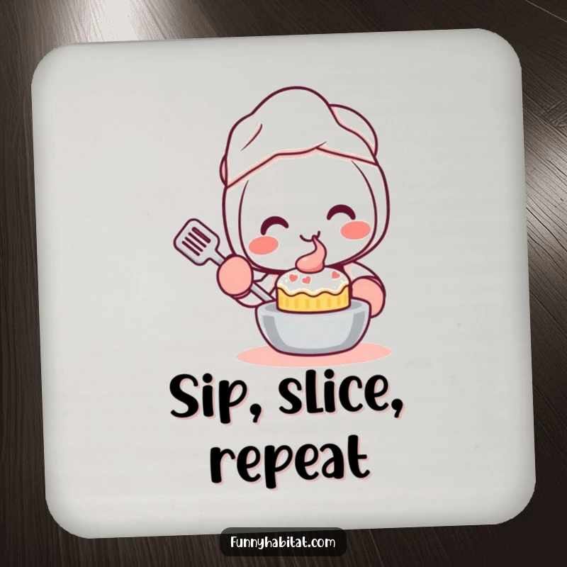 Funny Kawaii Coaster, a smiling character with oven mitts bakes a cake, protecting surfaces with charm.