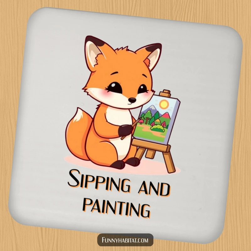 Funny fox character painting a colorful landscape on a small canvas, a set of humorous and protective drink coasters.