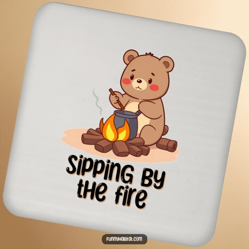 Funny bear character stirring a pot over a small campfire, a set of humorous and protective drink coasters.