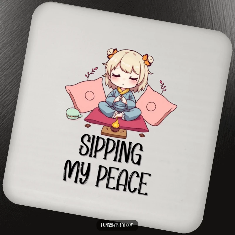 Funny drink coaster with a peaceful character meditating amongst soft cushions and gentle incense, protecting surfaces.