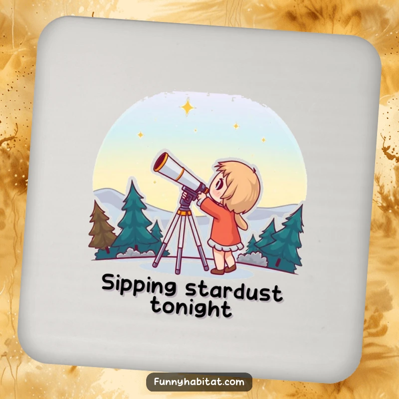 Funny drink coaster showcasing a character looking through a telescope with wonder, safeguarding surfaces with cosmic flair.