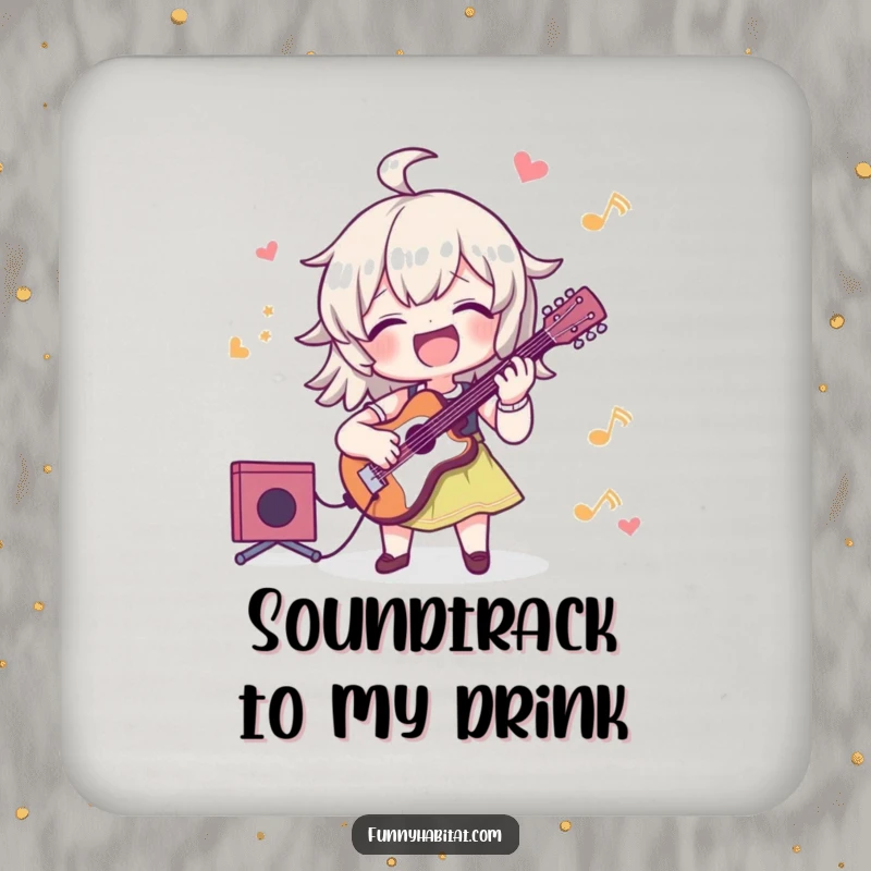 Funny drink coasters featuring a character joyfully playing a musical instrument, protecting surfaces with charm and humor.