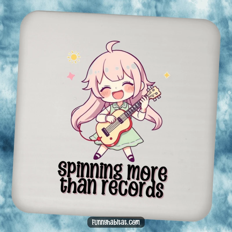 Funny drink coaster with a character enthusiastically playing a musical instrument, safeguarding surfaces with musical flair.