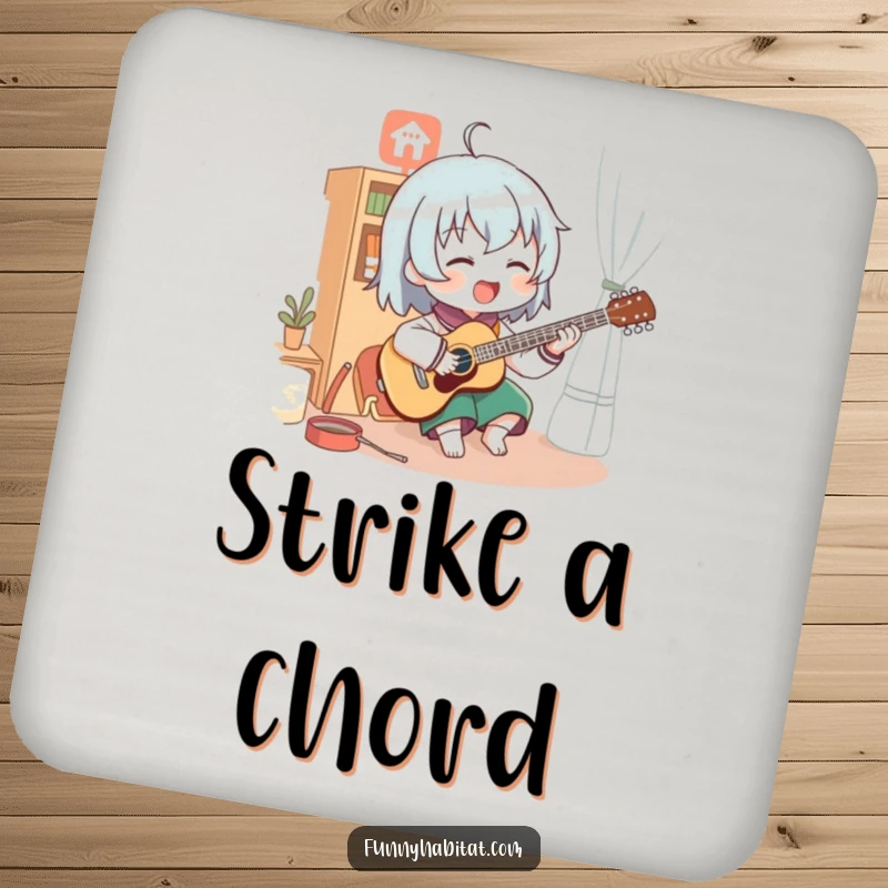 Funny drink coaster showing a character enthusiastically playing a musical instrument in a cozy room setting.