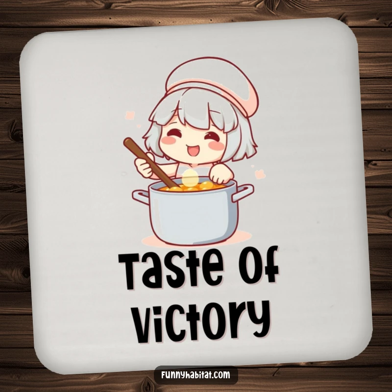 Funny drink coaster showing a satisfied chef stirring a pot, perfect for protecting surfaces with culinary flair.