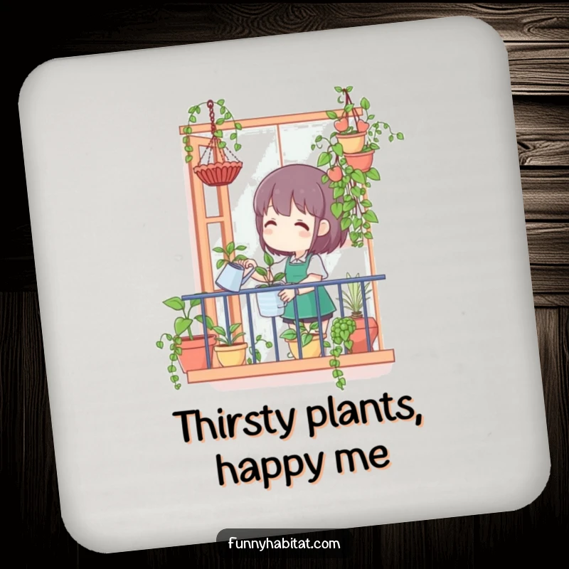 Funny drink coaster showing a character watering hanging plants from a balcony, offering cheerful and humorous surface protection.