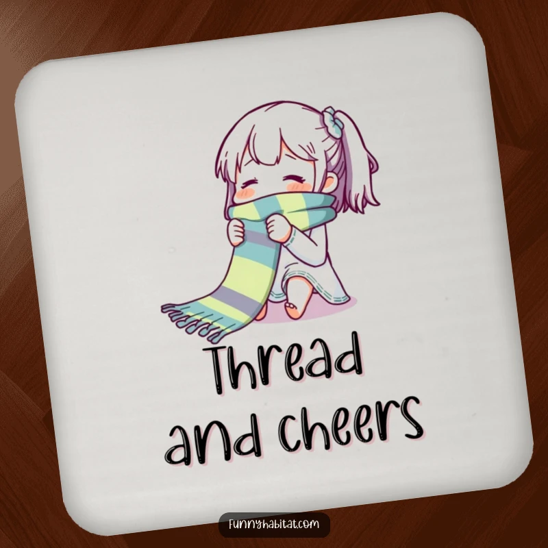 Funny drink coaster showing a character blissfully knitting a long, colorful scarf with a smile.