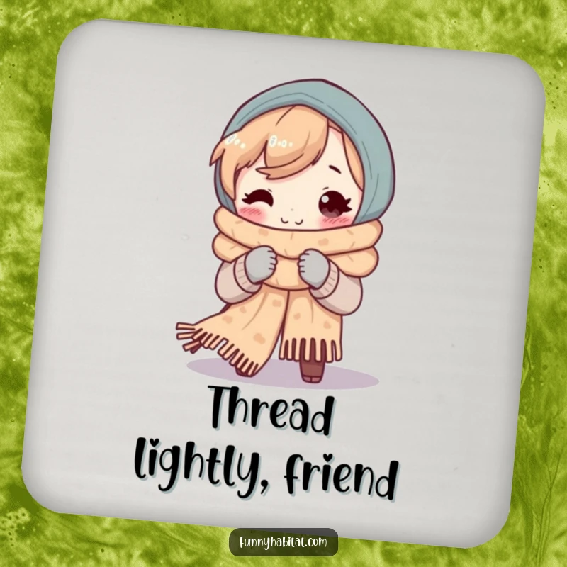 Funny drink coaster with a smiling character knitting a cozy scarf, protecting surfaces with handmade flair.