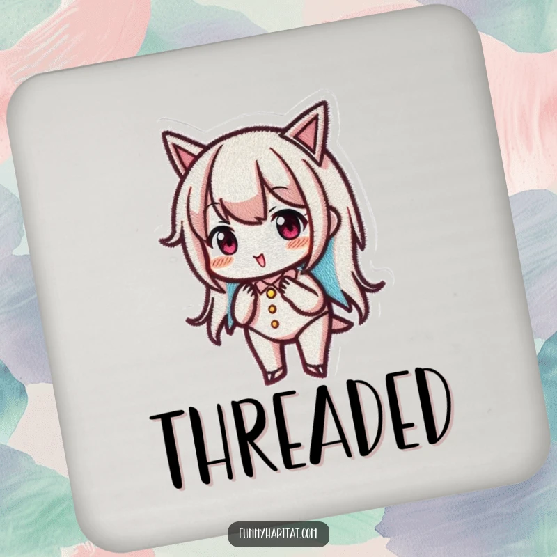 Funny embroidery coaster with a character focused on intricate stitching, adding a touch of craft humor to surfaces.