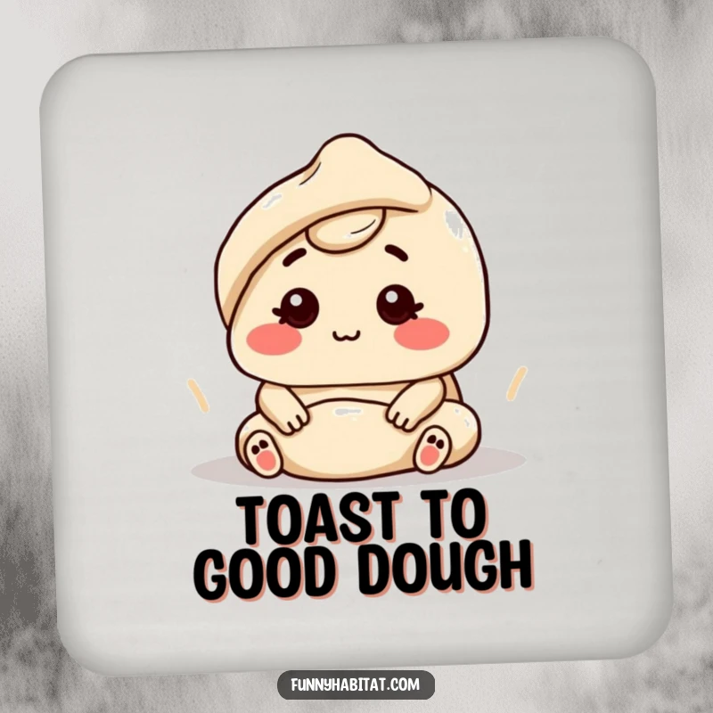 Funny character kneading dough with a contented expression, on a protective drink coaster.