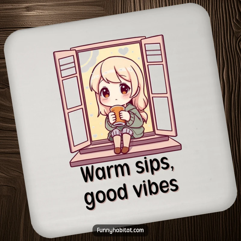 Funny Drink Coaster with a content character enjoying a warm beverage by a window, protecting tables with cozy humor.