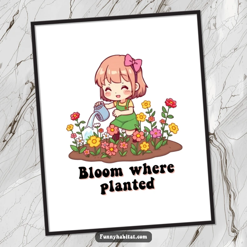 Funny poster print of a character watering blooming flowers, representing joy in gardening and nature's beauty.