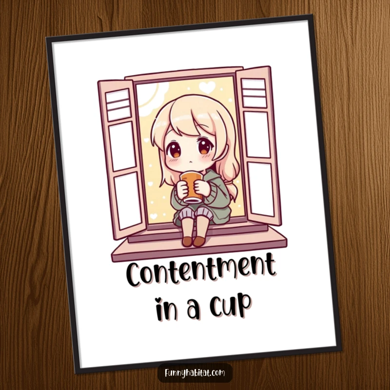 Funny Poster of a content character sipping a warm beverage by a window, perfect for adding cozy humor to wall decor.
