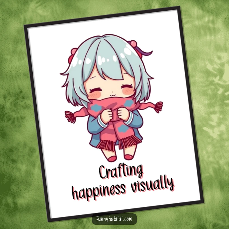 Funny Poster: A character engrossed in knitting a colorful scarf, showcasing dedication to the craft. Ideal decor.