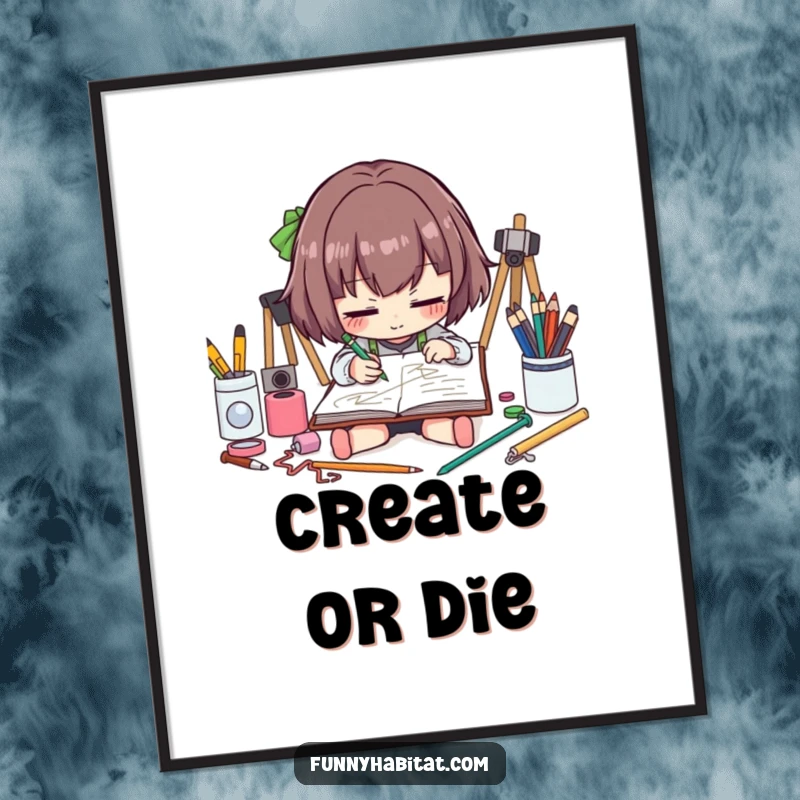 Funny artist poster showcasing a character absorbed in sketching amidst art supplies, bringing humor and inspiration to walls.