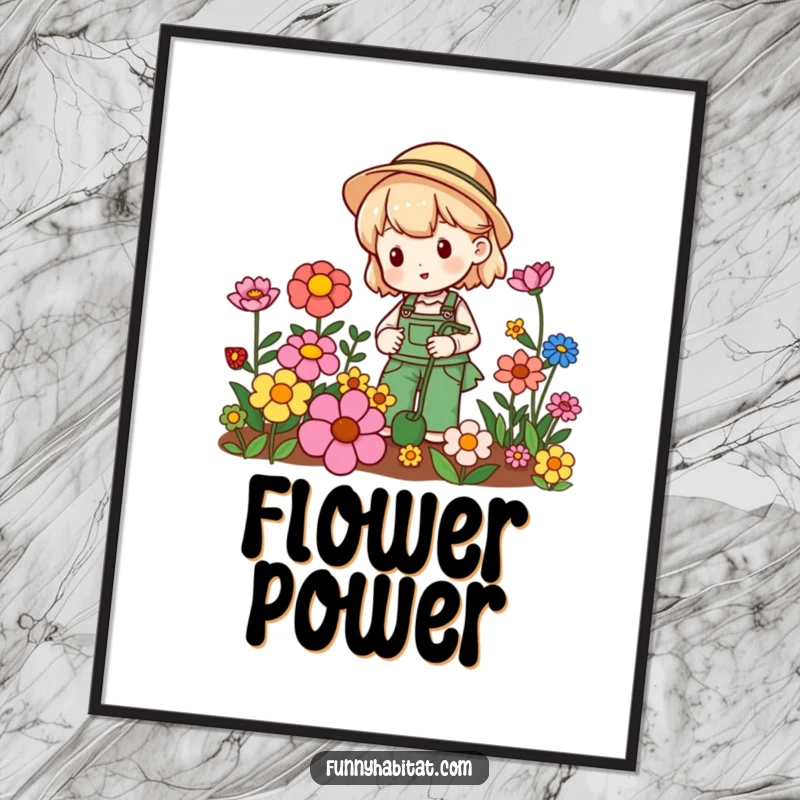 Funny gardening poster of a joyful character happily tending to a vibrant row of colorful, blooming flowers.