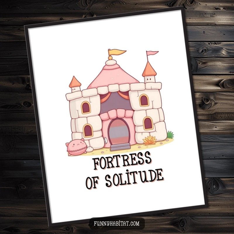 Funny Poster of a character joyfully constructing a fort out of soft cushions, perfect for adding playful humor to wall decor.