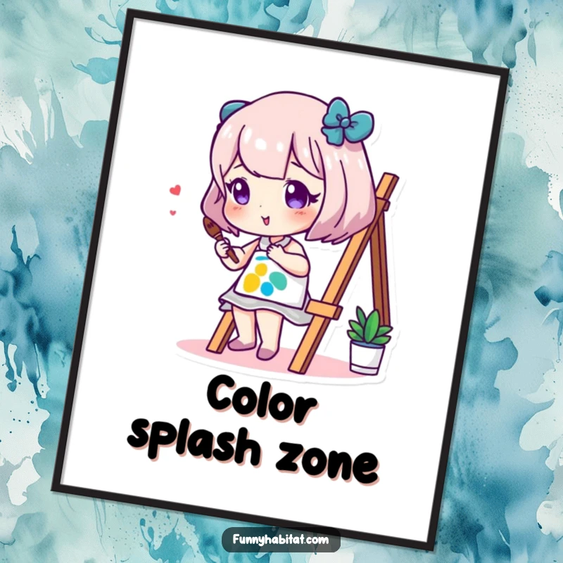 Funny poster featuring a character artist engrossed in painting a small, vividly colored canvas on their wall.