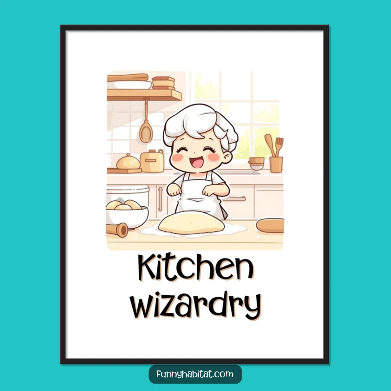 Funny Baking Poster: Character Kneading Dough, Whimsical Kitchen Art Gift