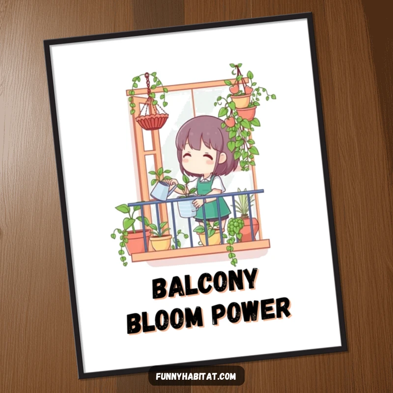 Funny poster illustrating a character happily watering hanging plants from a balcony, creating a cheerful and vibrant ambiance.