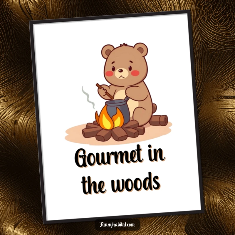 Funny bear character stirring a pot over a small campfire, humorous and cozy woodland-themed wall art.