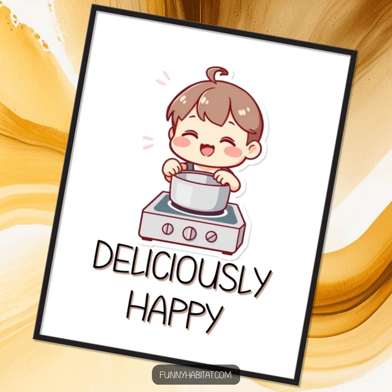 Funny Chef Poster, a happy character stirs a pot on a stove, looking pleased, cheerful kitchen art.