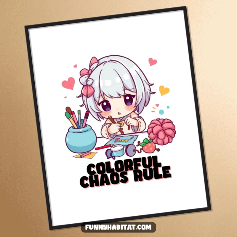 Funny poster art of a character diligently working on a bright and colorful craft project, celebrating creativity.