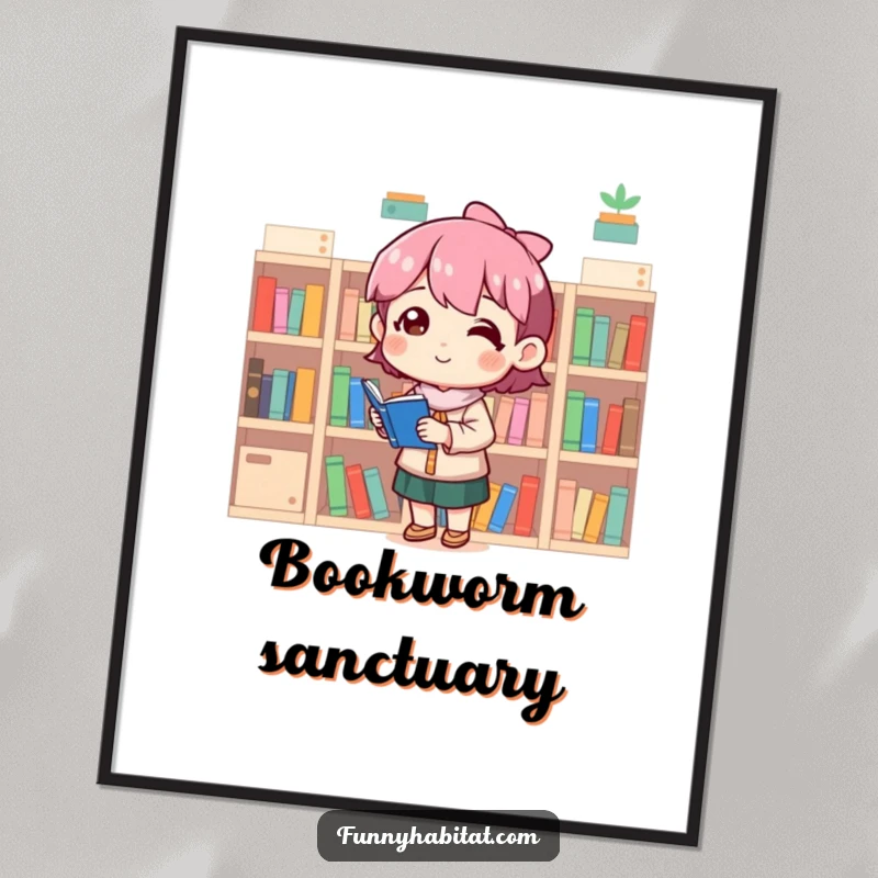 Funny poster artwork of a content character arranging miniature bookshelves, conveying a sense of quiet satisfaction and order.
