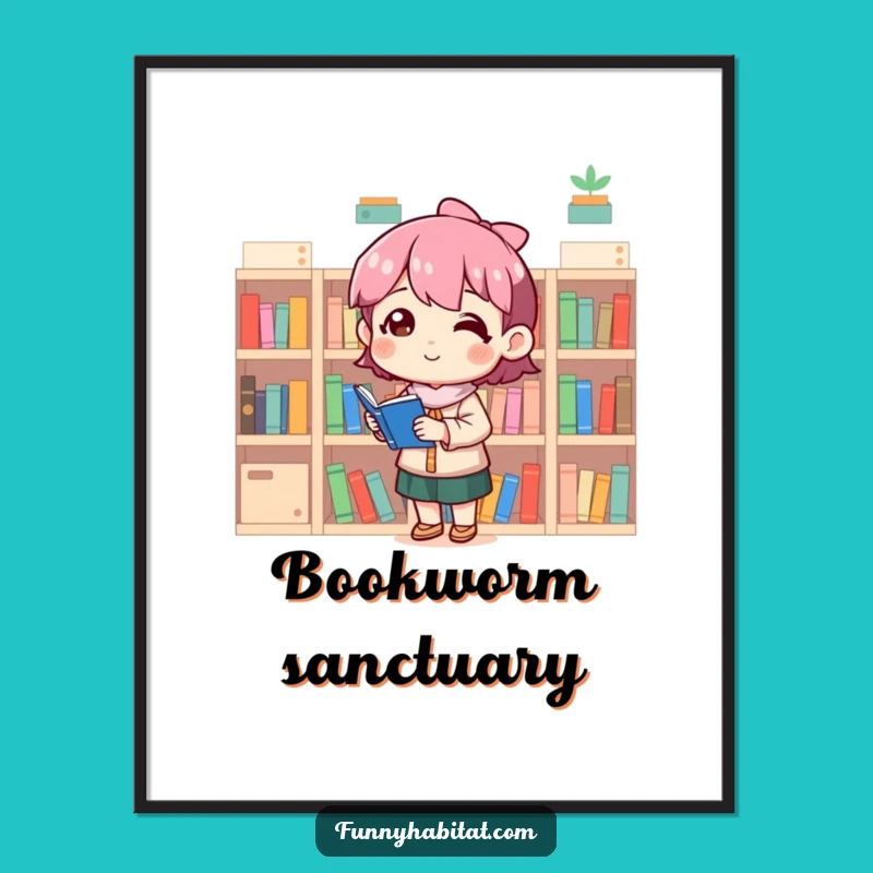 Funny Decor Poster: Satisfied Organizer Character with Tiny Bookshelves, Whimsical Funny Gift