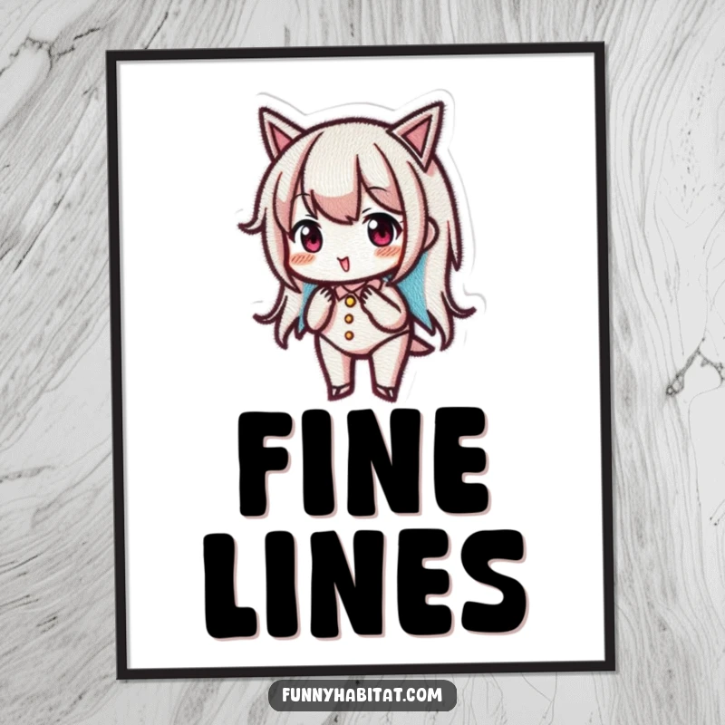 Funny poster depicting a character with intense focus, meticulously embroidering a small, intricate design with needle and thread.