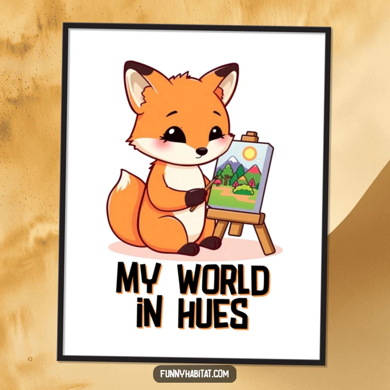 Funny fox character painting a vibrant landscape on a miniature canvas, humorous and inspiring wall art for art enthusiasts.