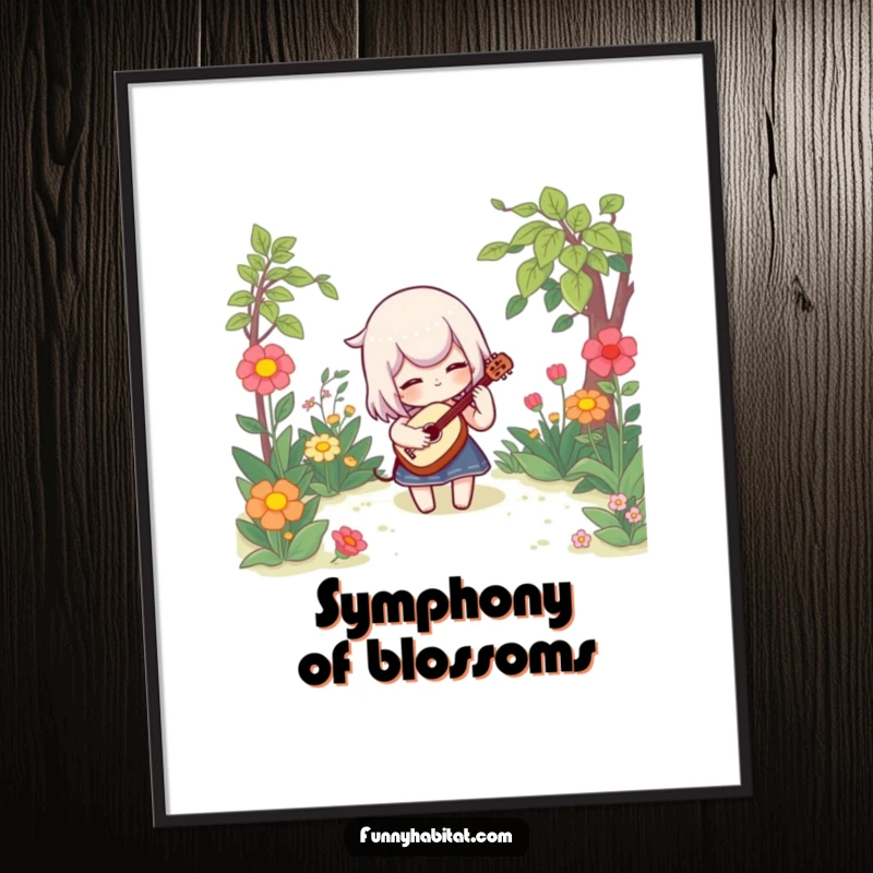 Funny poster illustrating a character playing a whimsical instrument in a vibrant garden, creating a cheerful and artistic ambiance.