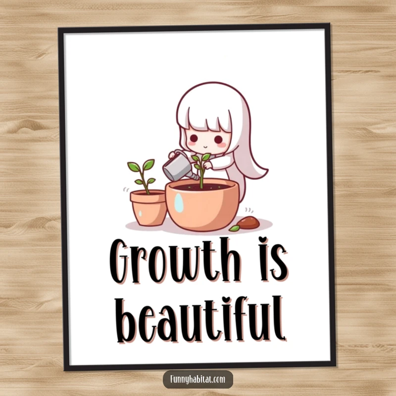 Funny character in a sunny setting, watering a tiny green sprout in a pot, on a humorous poster.